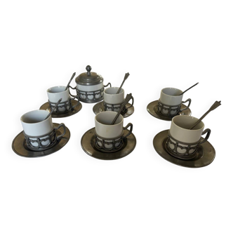 6 coffee cups + sugar bowl tin holder