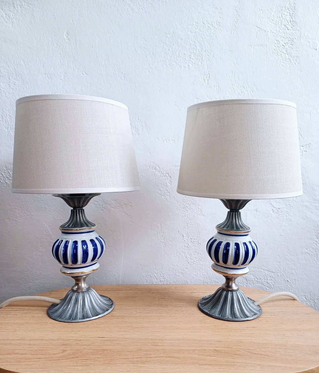Pair of French Vintage Nightstand Lamps – Hand-Painted Porcelain & Pewter
