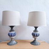 Pair of French Vintage Nightstand Lamps – Hand-Painted Porcelain & Pewter