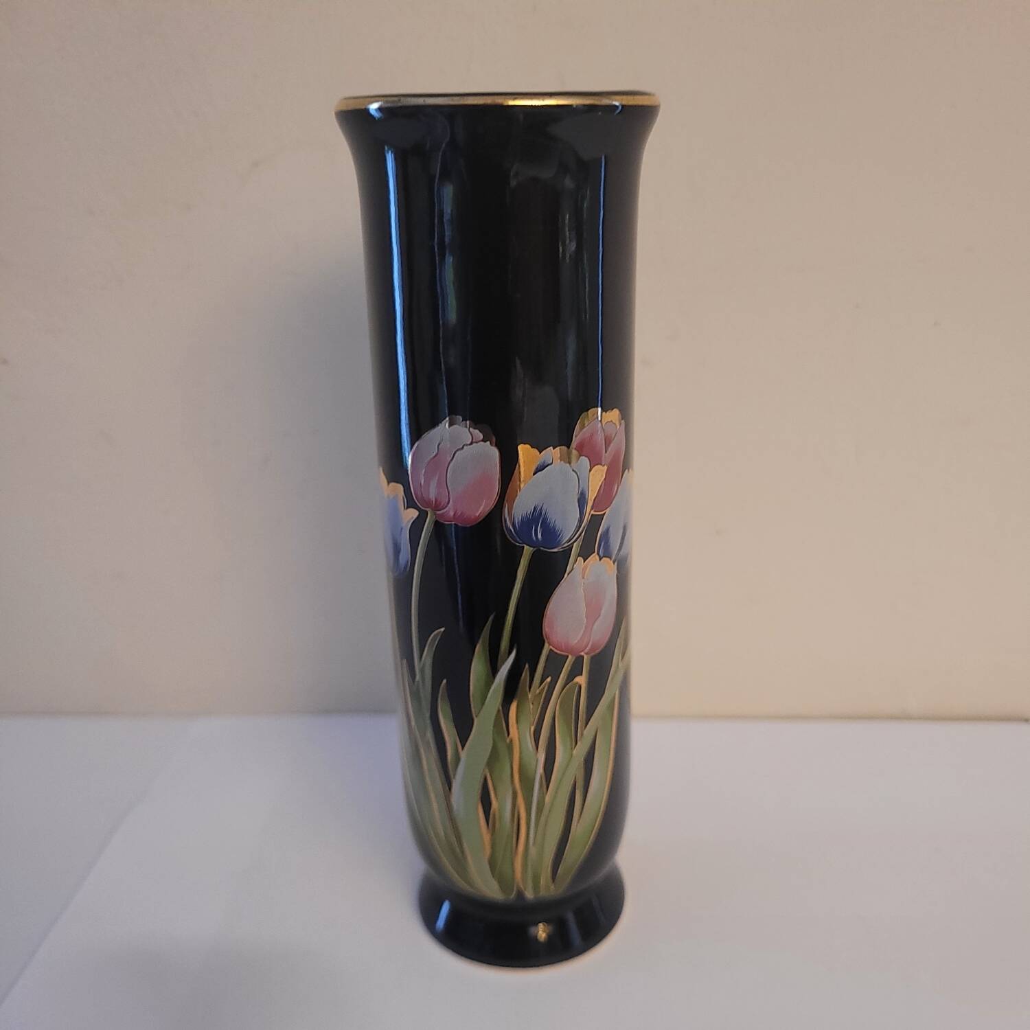Black ceramic soliflore decorated with tulips - 1960s-1970s