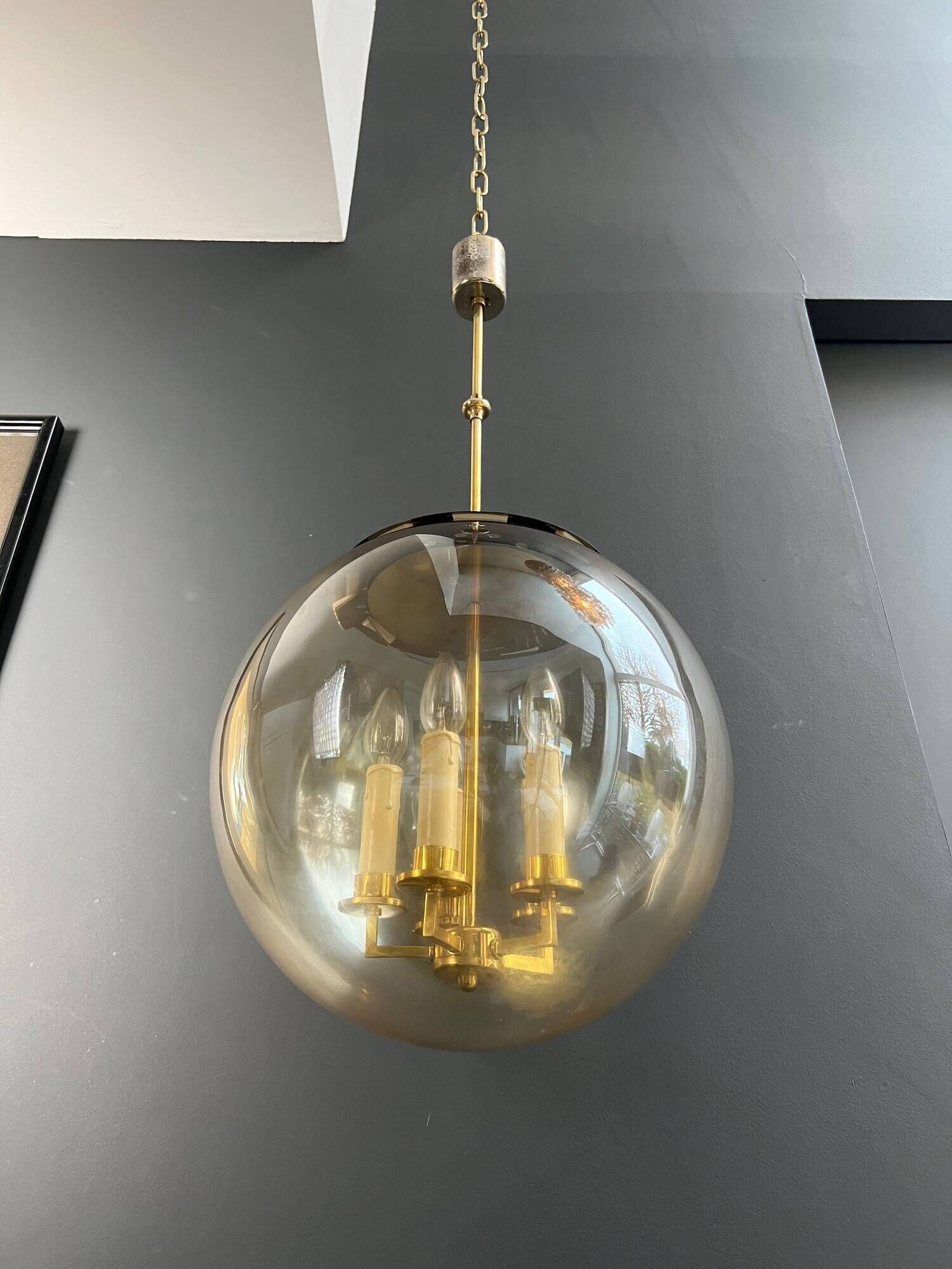 Smoked Glass and Brass Four-Light Suspension Pendant. French Work.