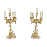 Pair of gilded bronze candlesticks, marble bases.