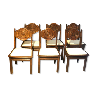 Set de 6 chaises Etienne Kohlmann Art Déco en chêne et tissu bouclette, 1930