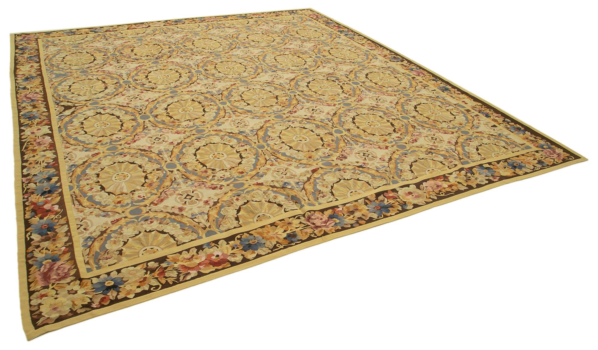 Handmade European Vintage Aubusson Kilim 338 cm x 381 cm