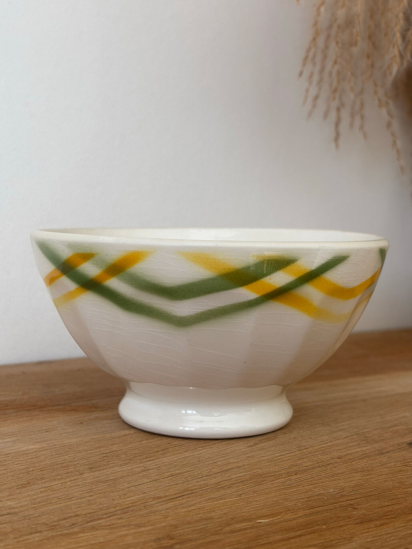 Ancien bol à facettes imprimé torchon jaune et vert
