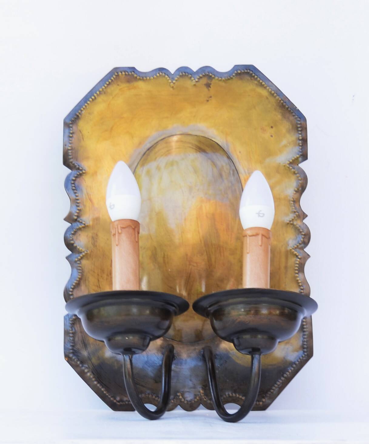 Pair of Dutch Sconces Repusse Brass Two Light Wall Moun