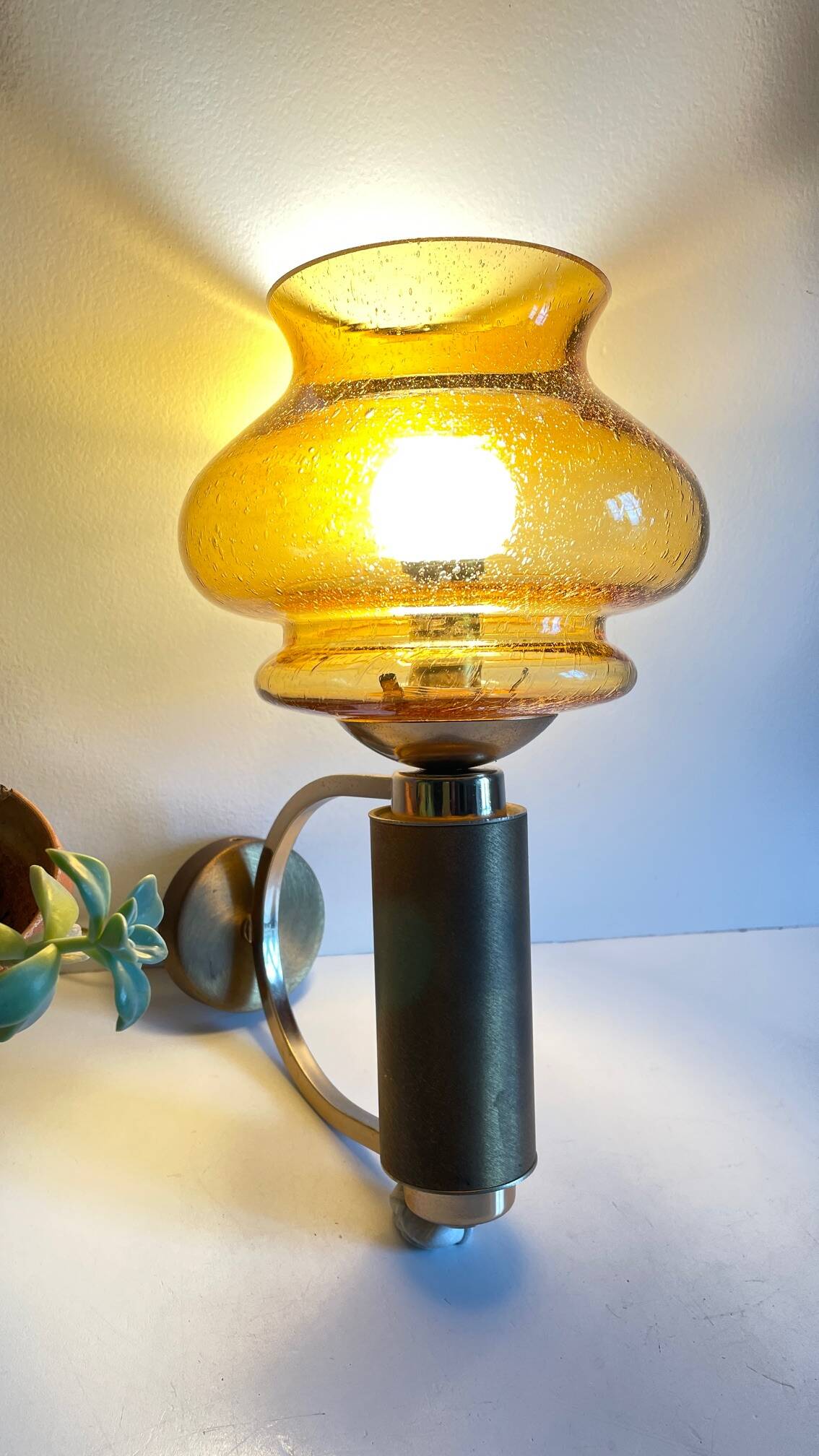 Vintage bubble glass brass applique