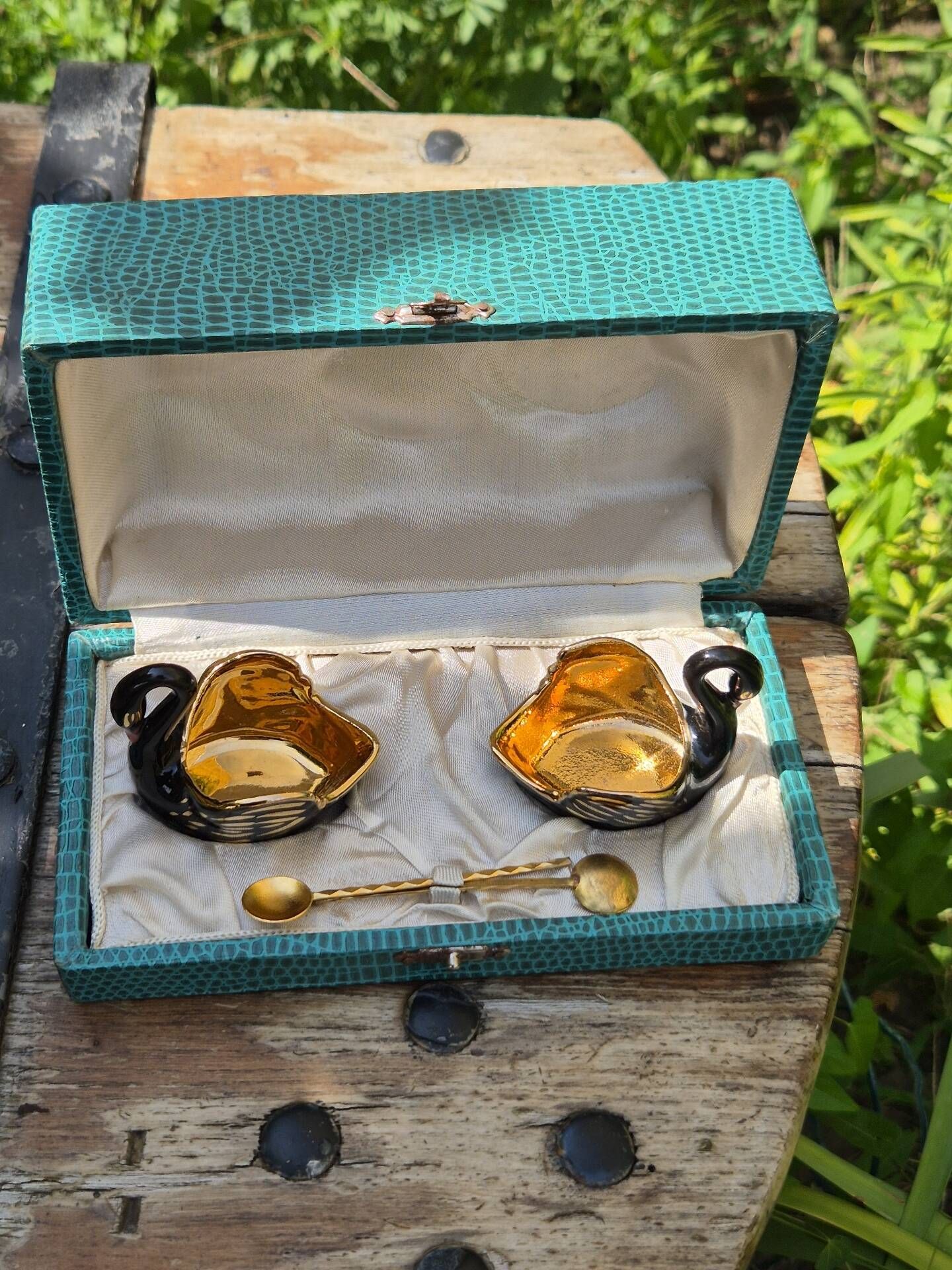 Hand-painted Porcelain Black Swan Salt Cellars Set in original box