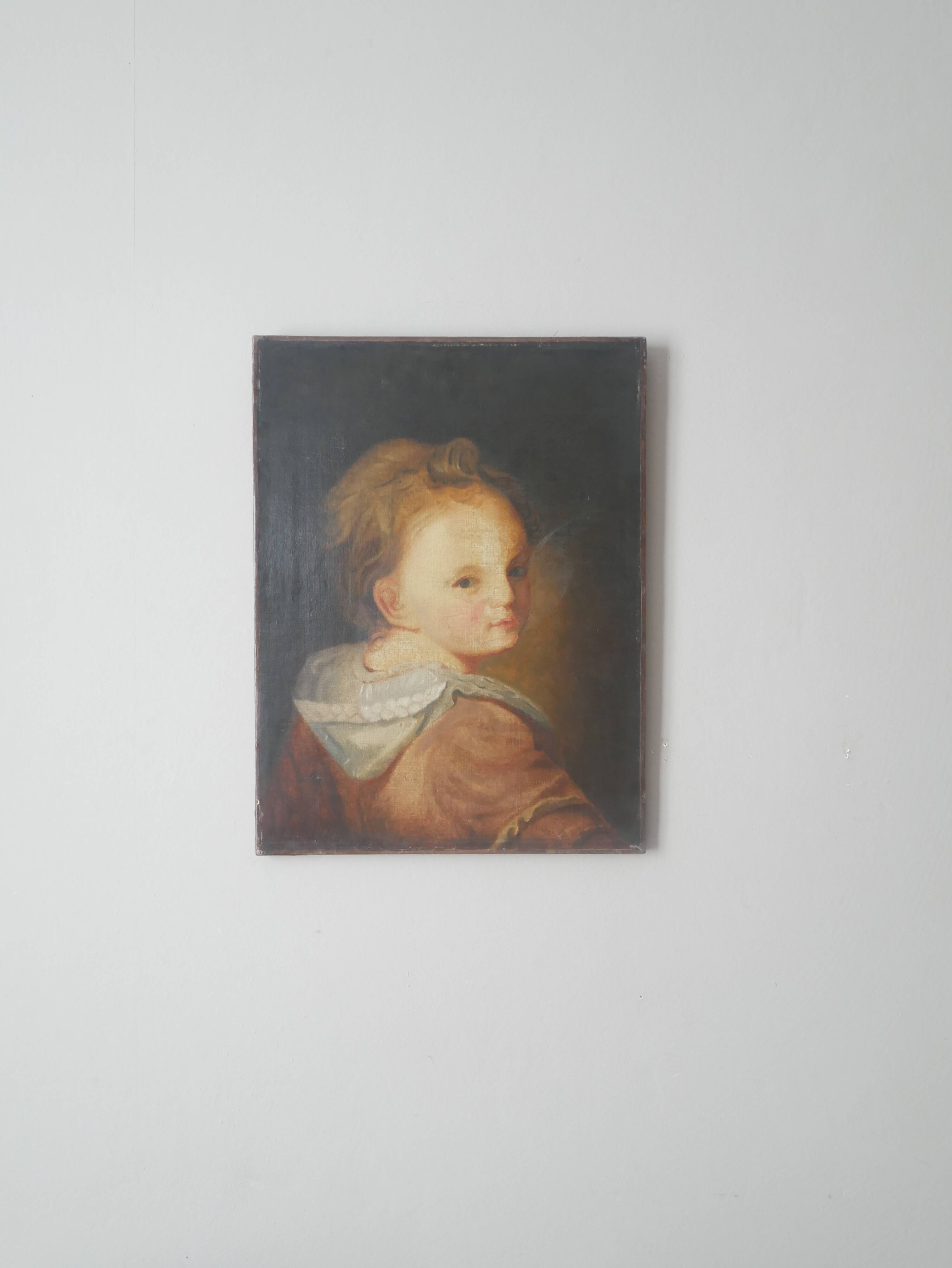 Old oil painting on canvas, countryside decoration, child portrait