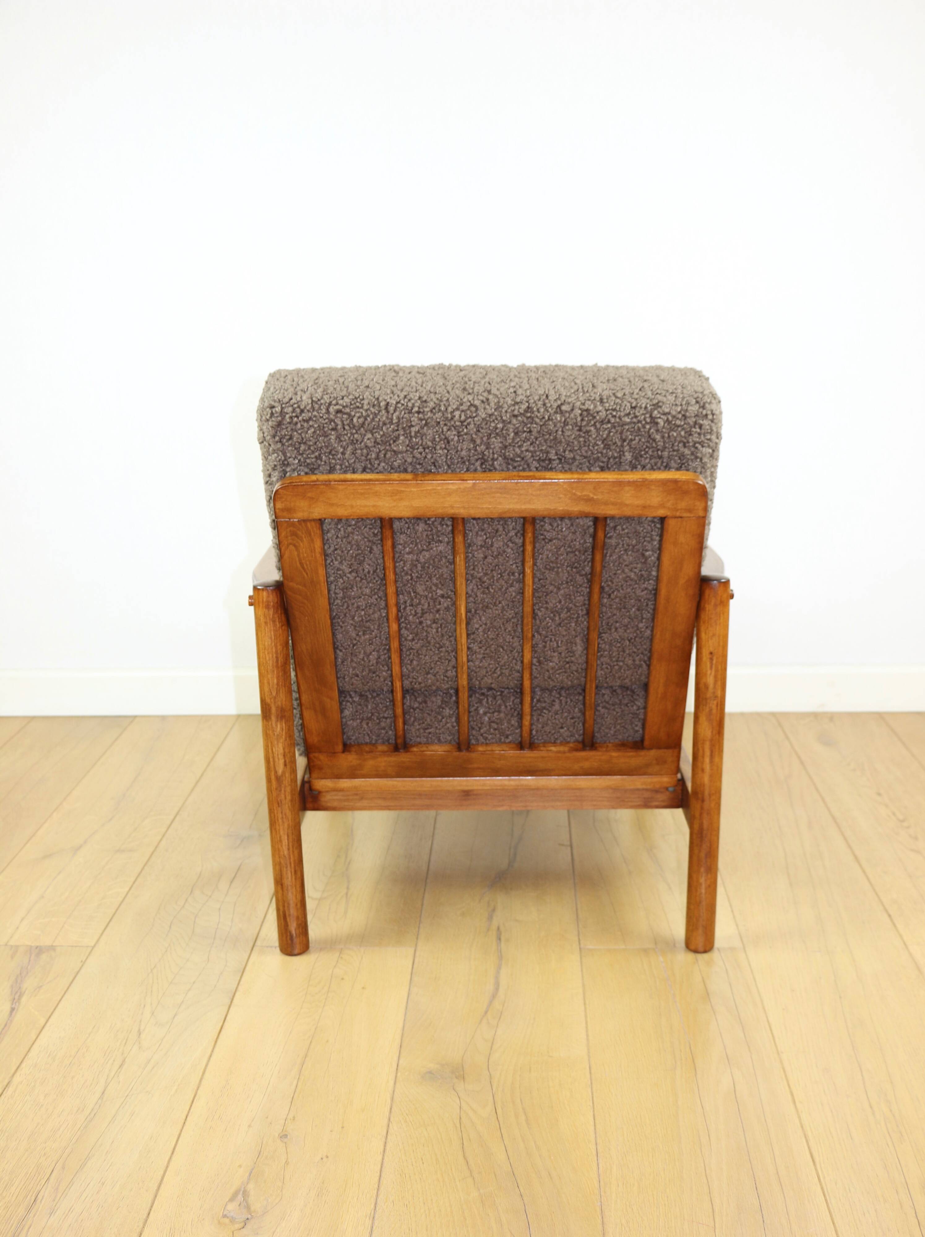 Wooden armchair designed by Z. Baczyk brown vintage chocolate brown boucle lamb