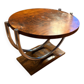Guéridon circulaire Art déco en noyer et chrome — circa 1930