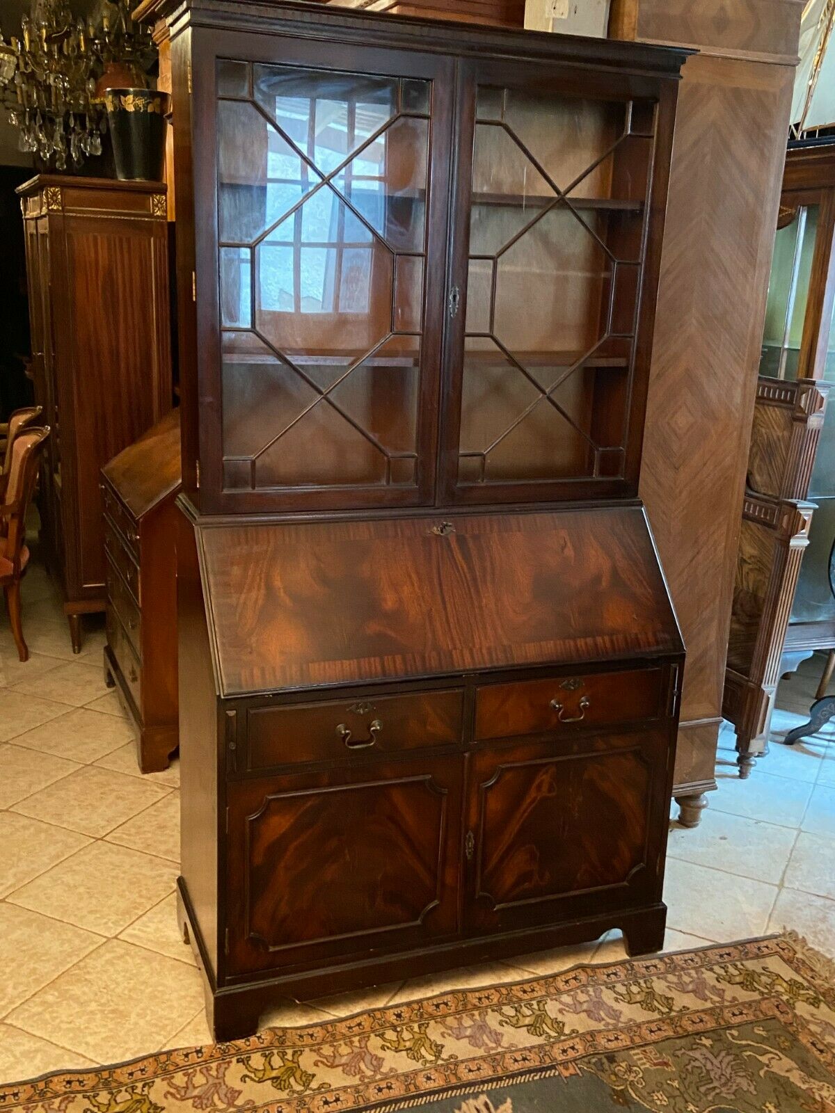 English Scriban two body secretary office showcase library in mahogany