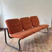 Strafor 3-seater bench, orange wool and sled base, 1970s.