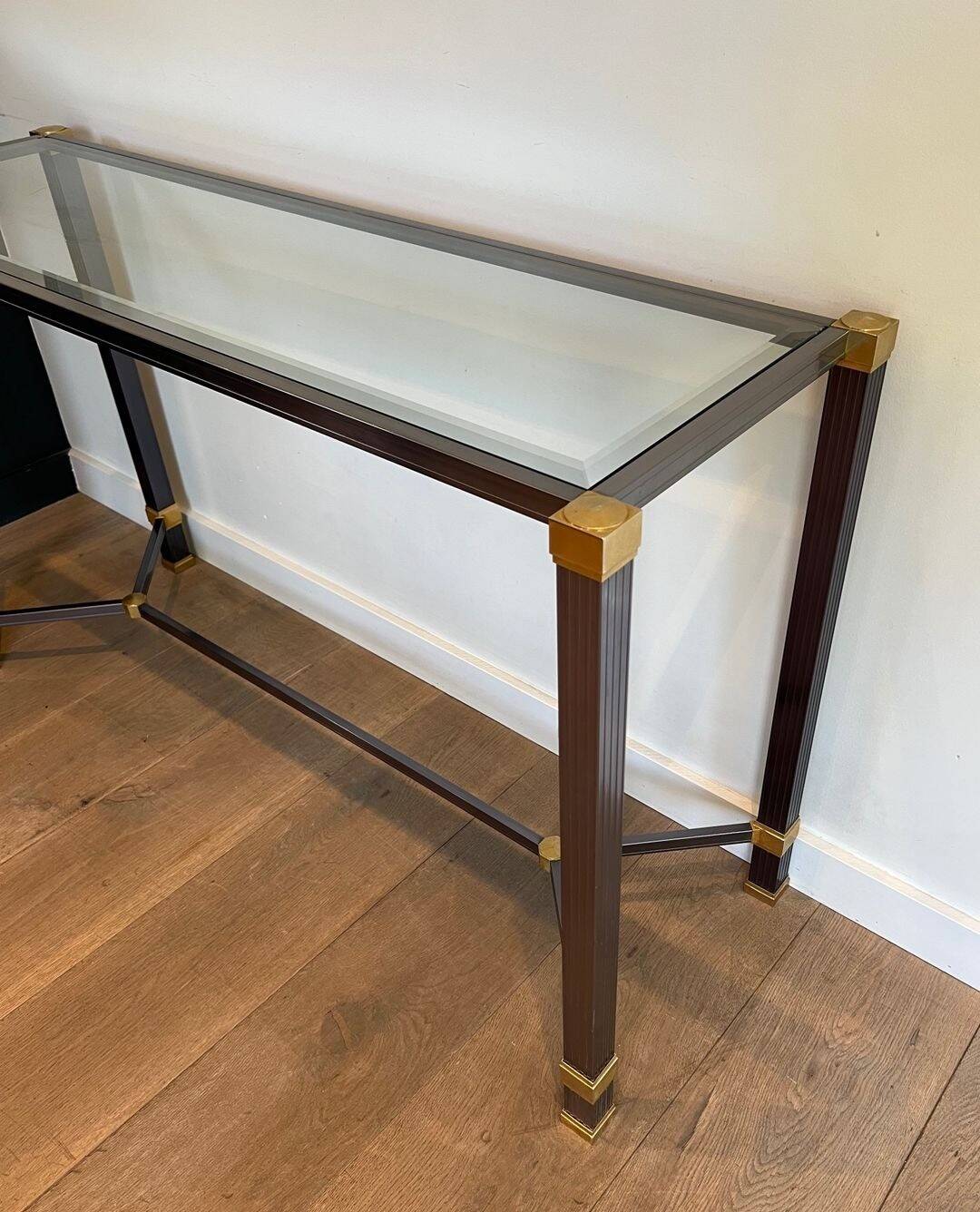 Glass Top Console in Lacquered Aluminium and Gold Metal, Pierre Vandel,