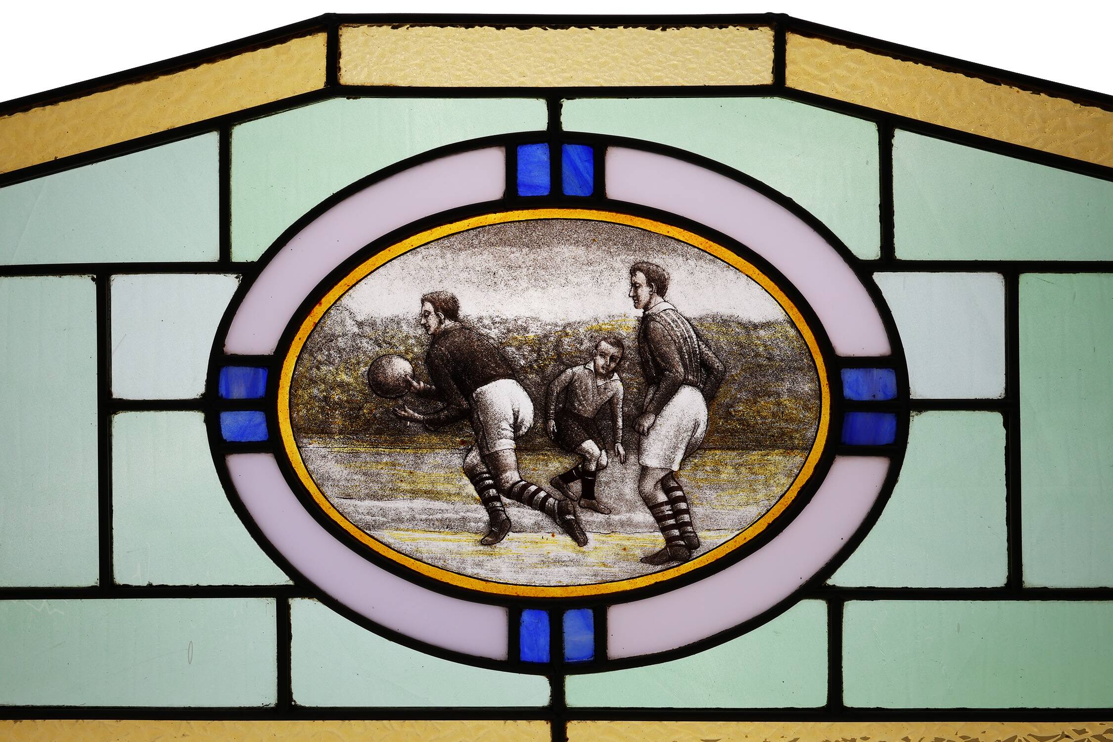 Art Deco Stained Glass Panel Depicting Early Football Scene, Belgium ca. 19