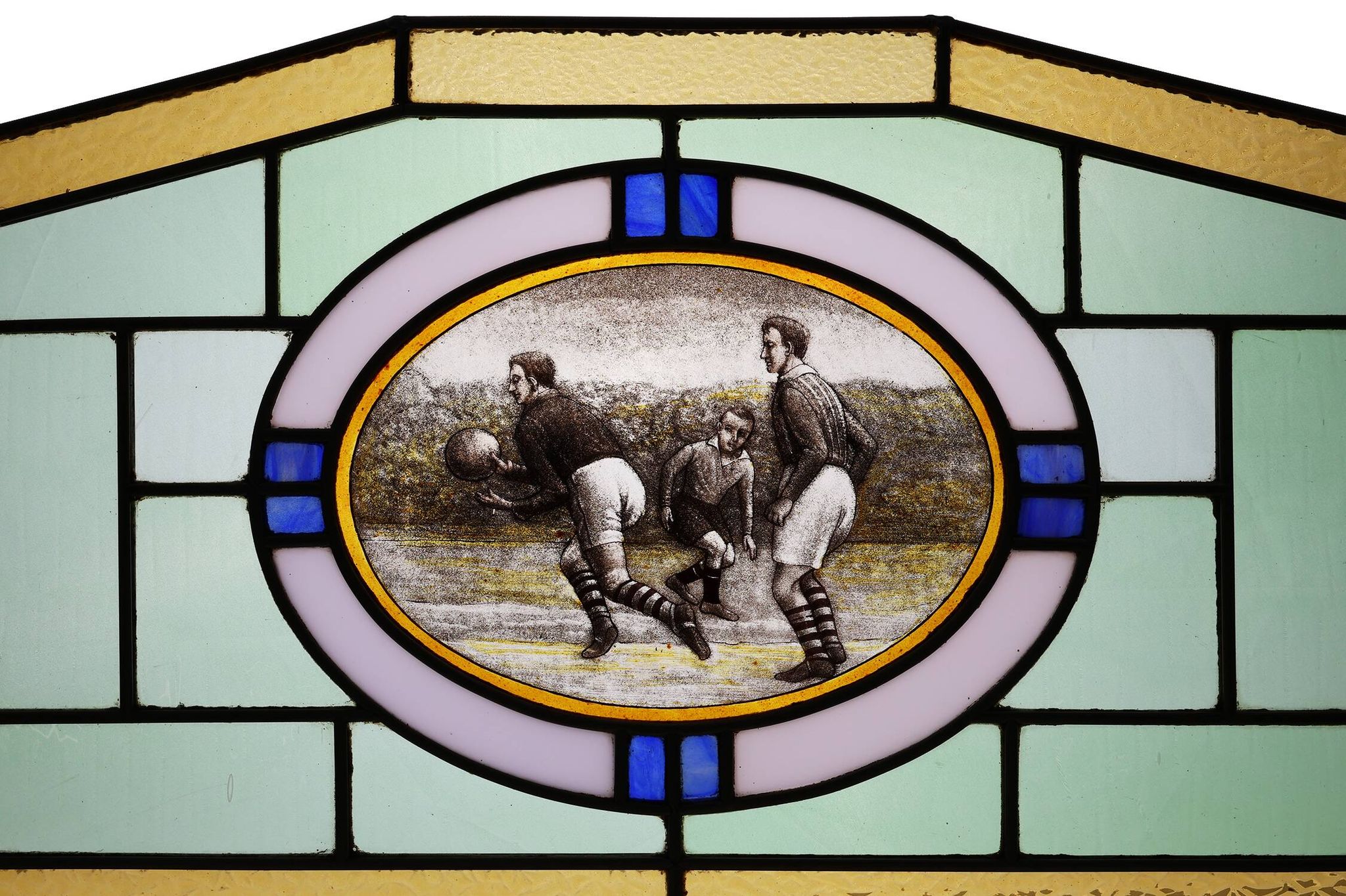 Art Deco Stained Glass Panel Depicting Early Football Scene, Belgium ca. 19