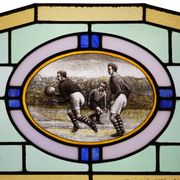 Art Deco Stained Glass Panel Depicting Early Football Scene, Belgium ca. 19