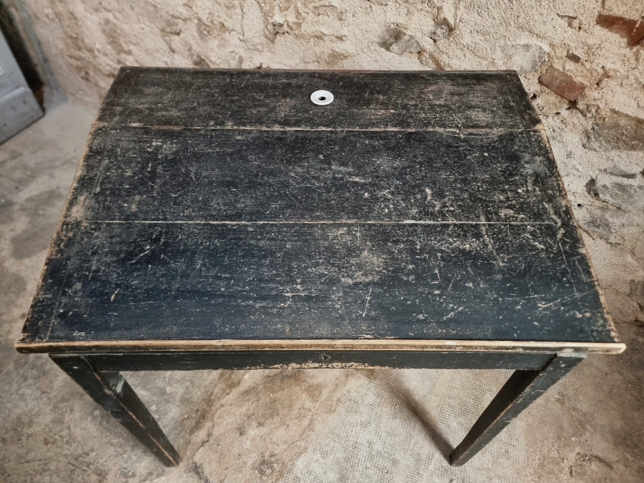 Bureau d'école français ancien, bureau d'écriture noir, bureau à abattant, vers 1900