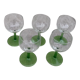 5 transparent glass glasses and green glass vase go