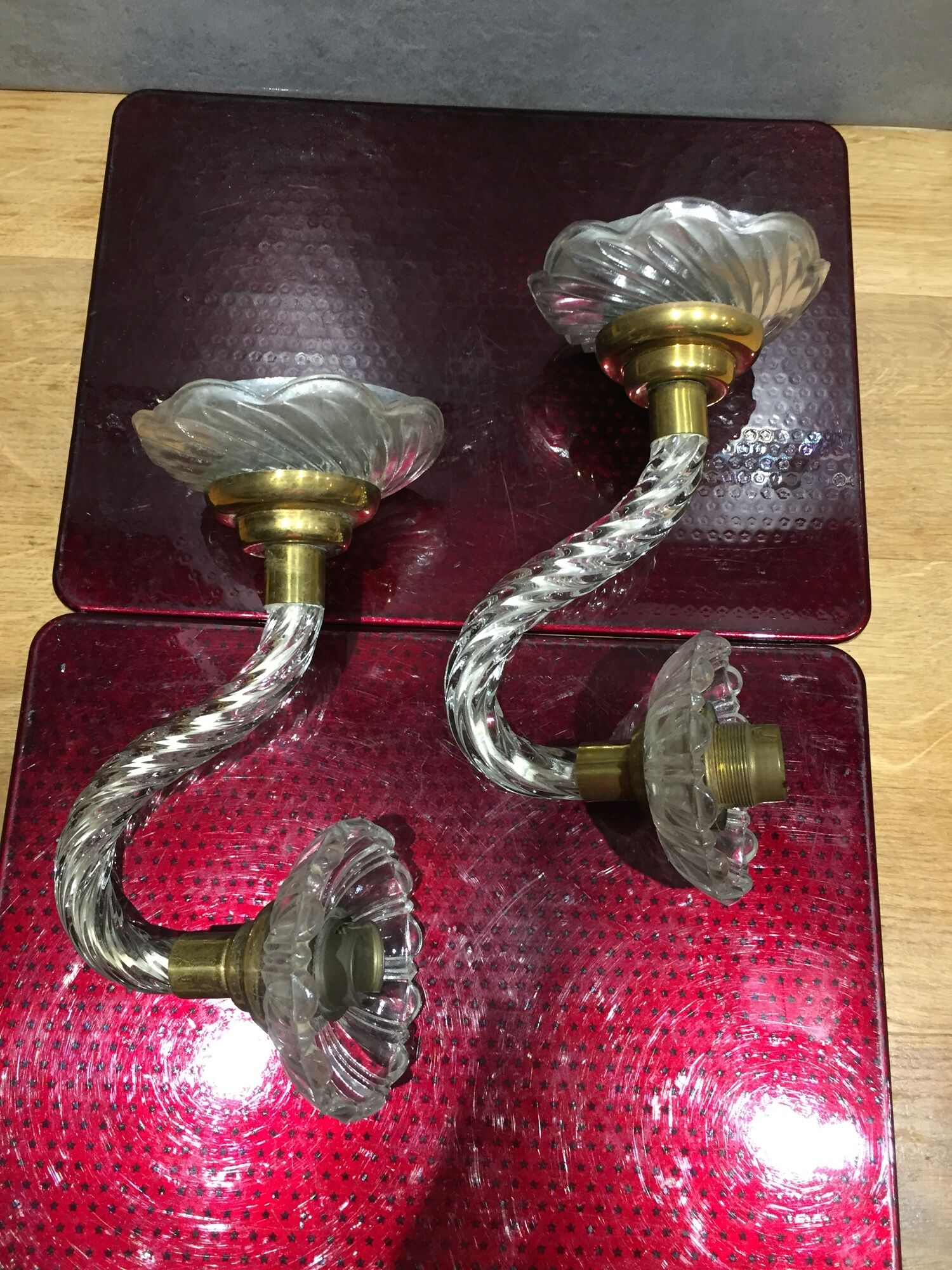 Pair of glass and gold metal sconces in the 1950s