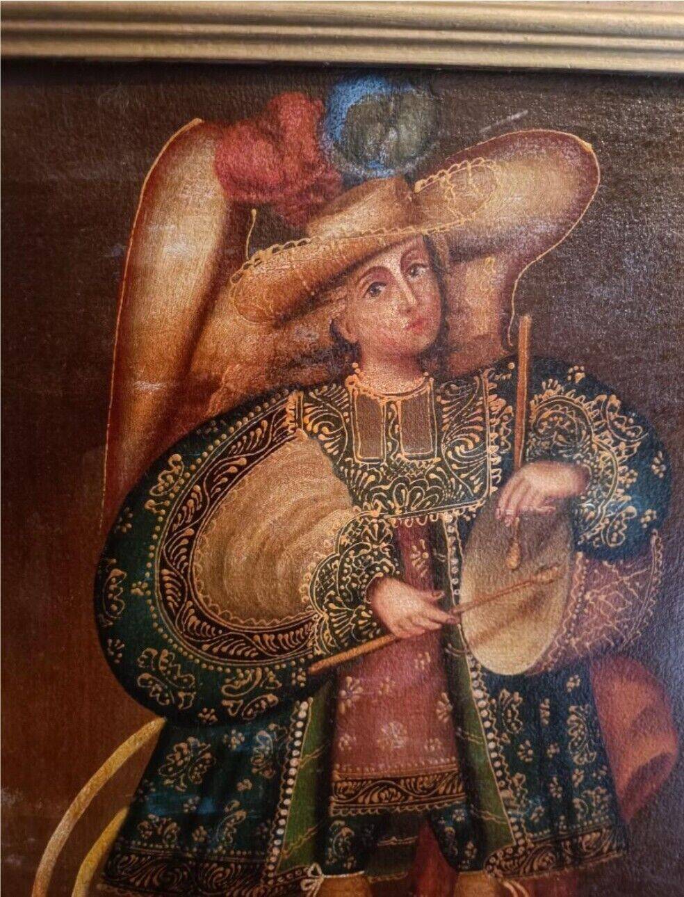 Ancienne peinture à l'huile religieuse représentant un ange musicien, école de Cuzco, XXe siècle.