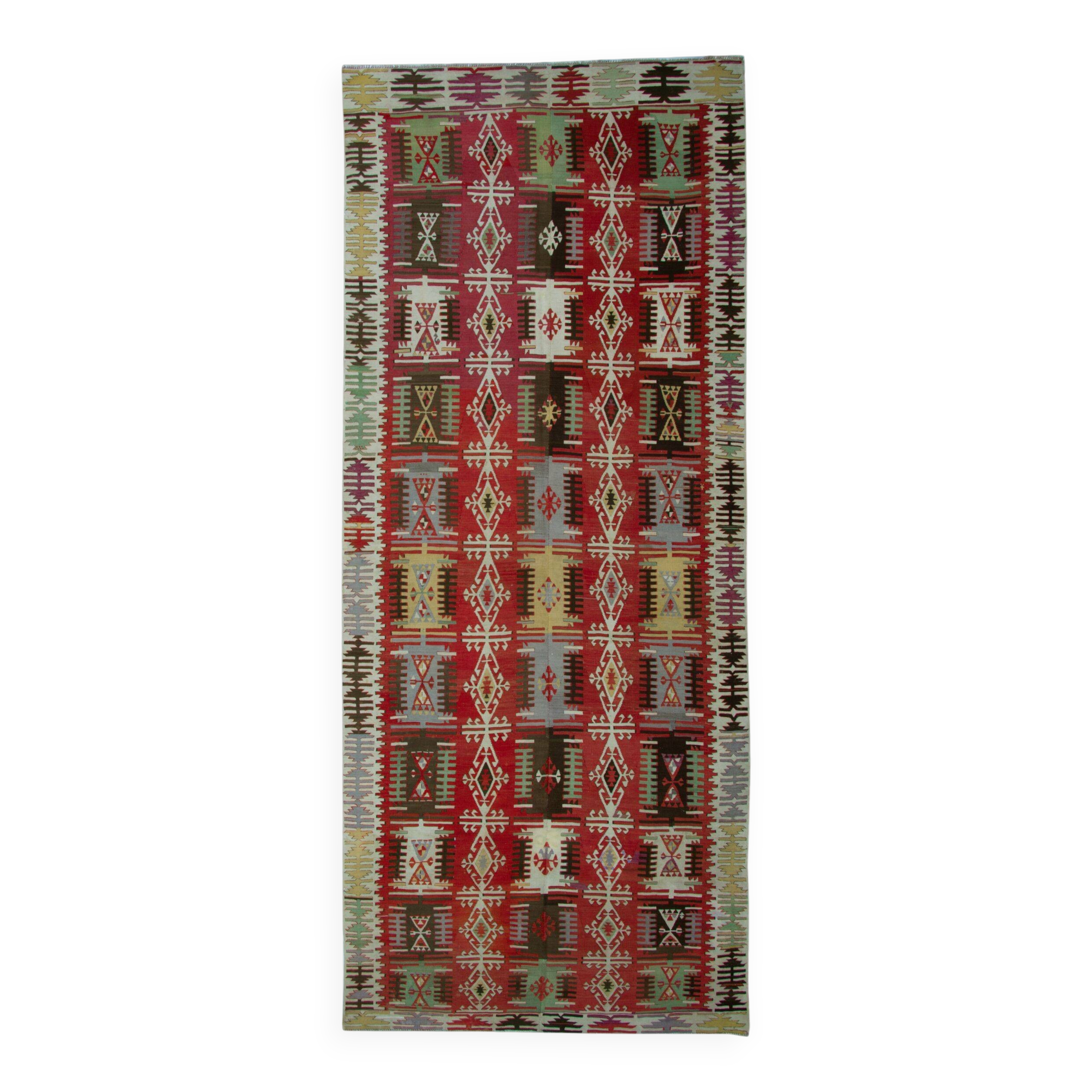 Turkish Kilim Runner 1890s, Handmade Wool Tribal Geometric Rug 390x163cm