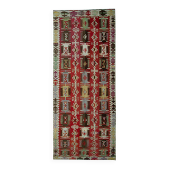 Turkish Kilim Runner 1890s, Handmade Wool Tribal Geometric Rug 390x163cm