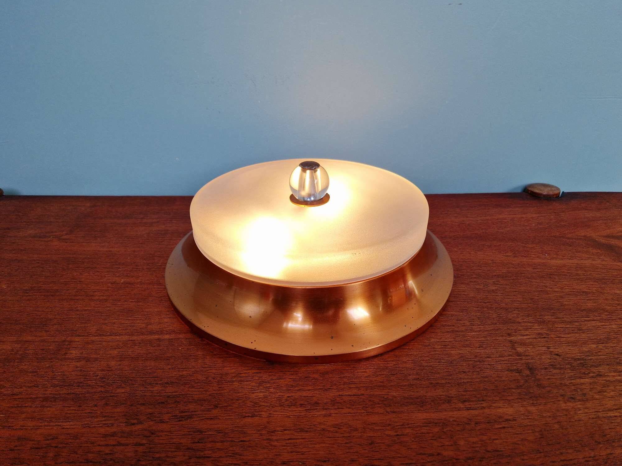 Plafonnier Art Déco en cuivre et verre dépoli, 1930