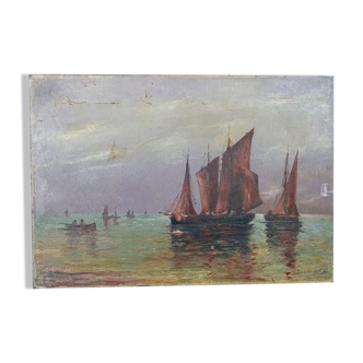 Old oil on canvas: marine of sailboats and small boats. signed