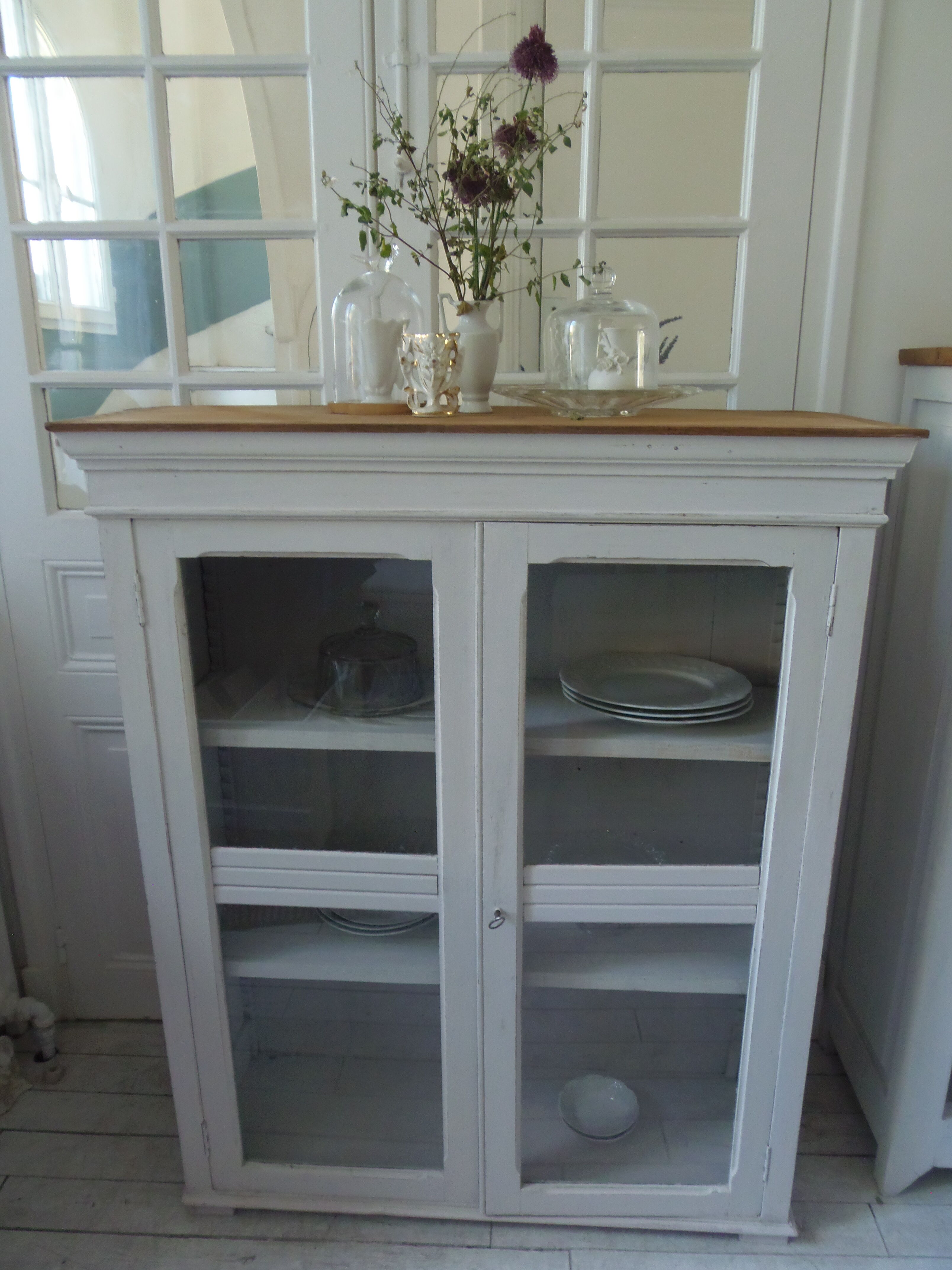 Showcase, bookcase, vintage pearl grey patinated cupboard, wooden top.