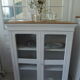 Showcase, bookcase, vintage pearl grey patinated cupboard, wooden top.