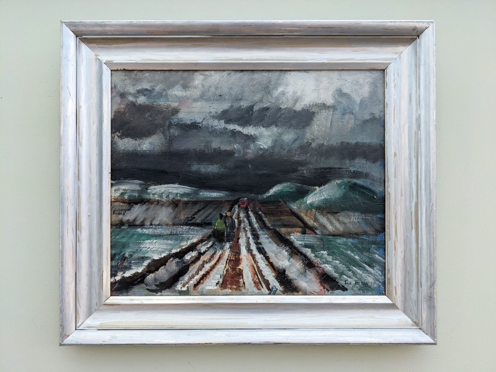 Vintage mid century modern winter landscape framed oil painting - the long road