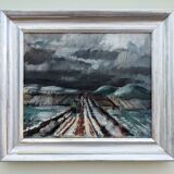 Vintage mid century modern winter landscape framed oil painting - the long road
