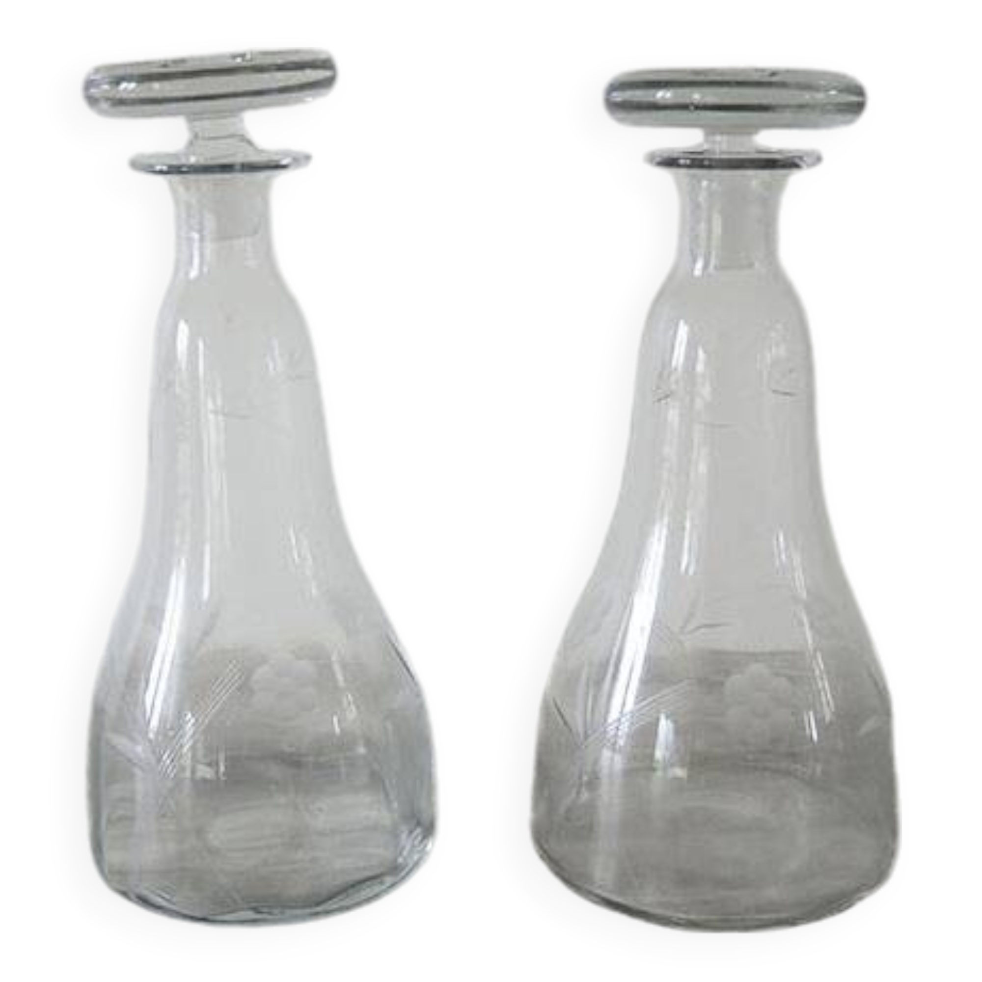 2 Antique Engraved Glass Wine Decanters with Grape Decor