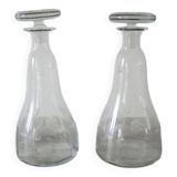 2 Antique Engraved Glass Wine Decanters with Grape Decor