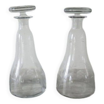2 Antique Engraved Glass Wine Decanters with Grape Decor