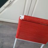 Vintage children's chair in white matel (some splinters of paint) with red scoubidou rope year 70