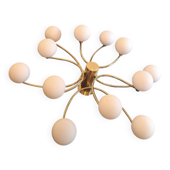 Large vintage Helestra chandelier 12 milk glass globes on a brass frame