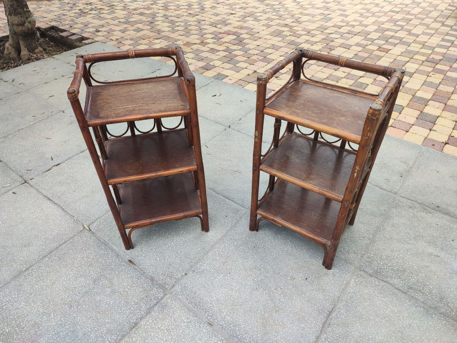 Vintage rattan bedside table pair