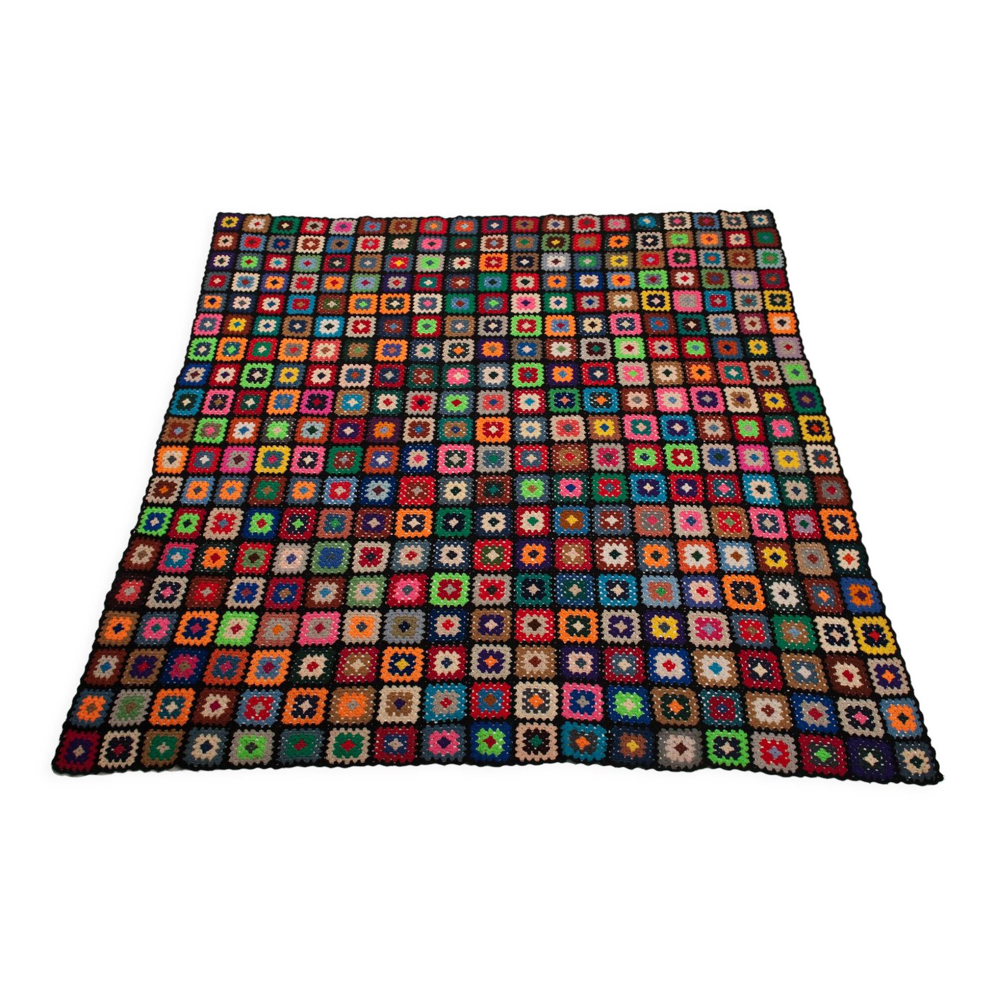 Vintage wool granny crochet plaid blanket 2.2 x 2.2m