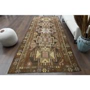 1970s Vintage Turkish Hand-Knotted Wool Cotton Brown Runner Rug 150x390