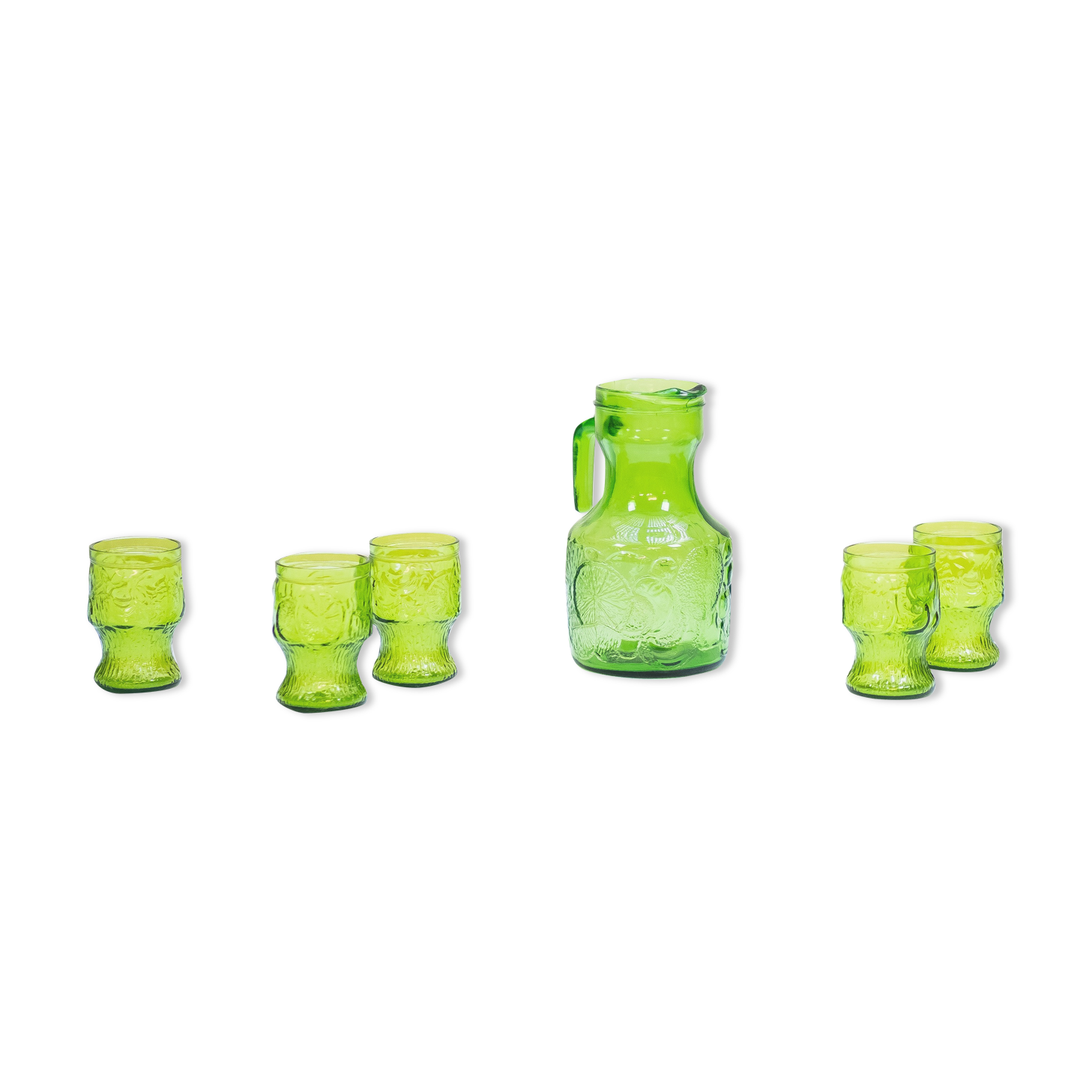 Decanter in molded green glass with orangeade fruit patterns with its 6 glasses