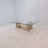 Italian Coffee Table in Travertine and Facet Cut Glass, 1980s