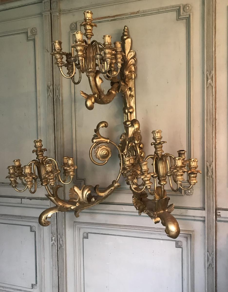 Pair of monumental wall light in golden wood