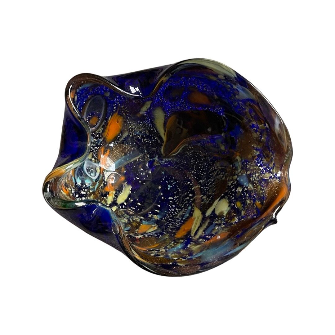 Dark blue Venetian glass ashtray with sulfurized multicolored decoration
