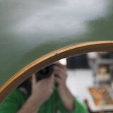 Unusual round wall mirror 60 cm teak edge on green rectangular board 1960.