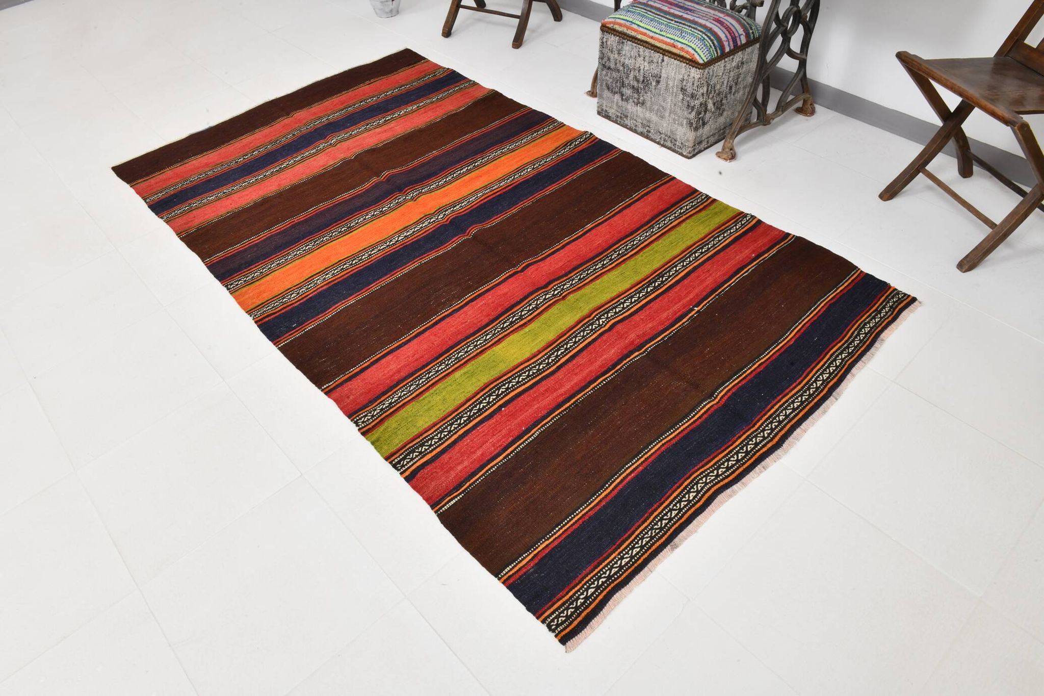 4x8 Brown & Blue Turkish Vintage Kilim Rug 139x245Cm SK 2314