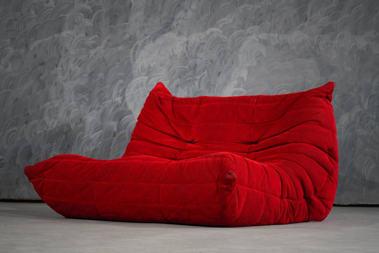 Red Alcantara Togo 2-seater sofa and corner by Michel Ducaroy for Ligne Roset, 2000s
