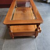 Coffee table with 2 drawers in solid cherry wood and glass.