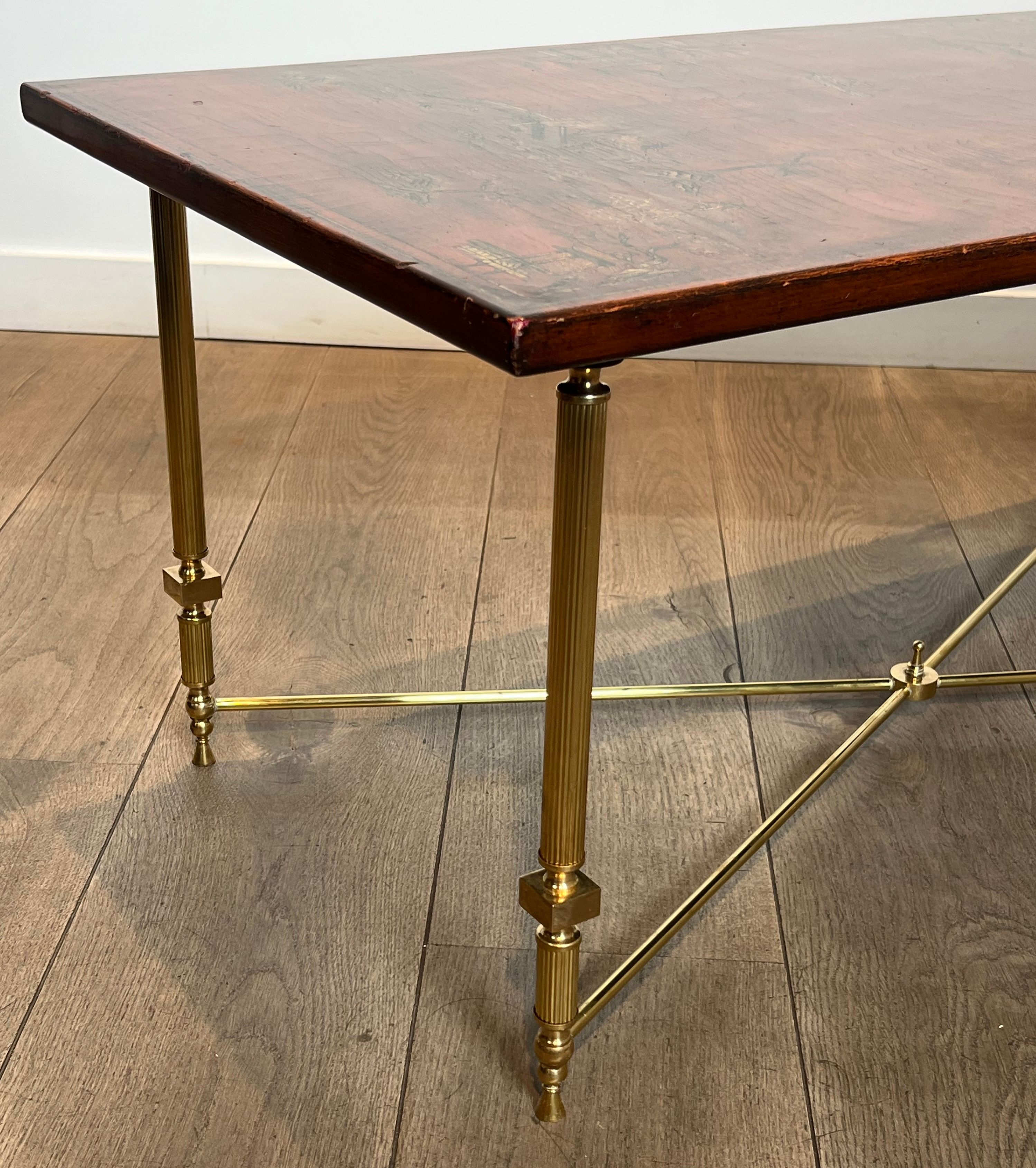 Neoclassical style brass coffee table with lacquered top depicting chinoiserie scenes, attributed to Maison Jansen